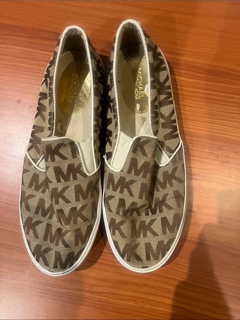 Michael Kors Brown and Cream MK Logo Slip-On Sneakers